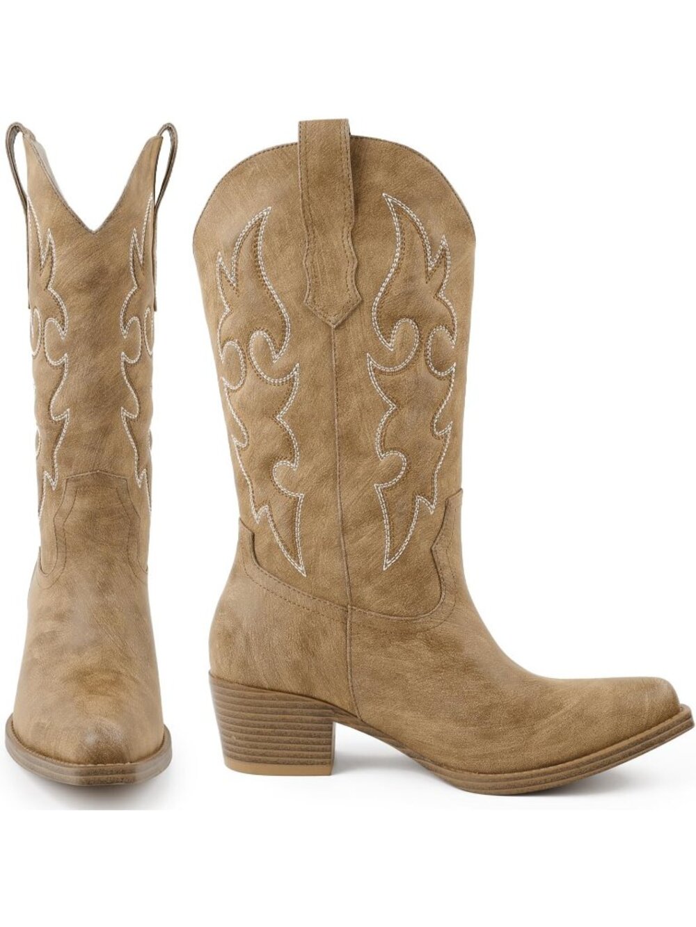 Women's Camel Cowboy Boots, Mid Calf Western Pull On Cowgirl Boots - Picture 6 of 7